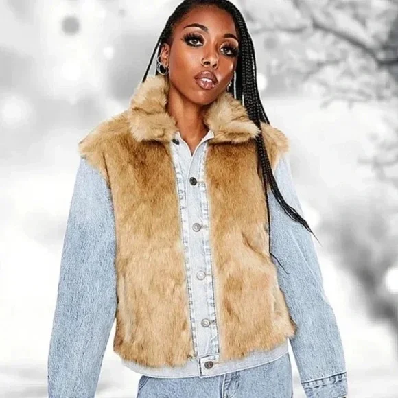 Levi's Furry Fury Faux Fur Oversized Denim Ex Boyfriend Trucker Jacket - Picture 2 of 8